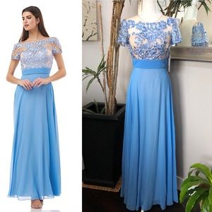 JS COLLECTIONS Blue Embroider Illusion Bodice Gown